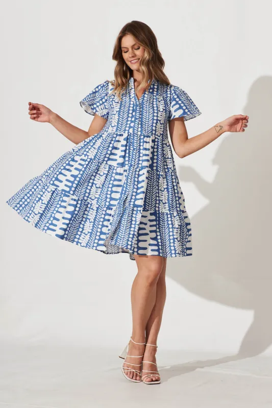 Saldana Smock Dress In Blue And White Print Cotton sold by St Frock