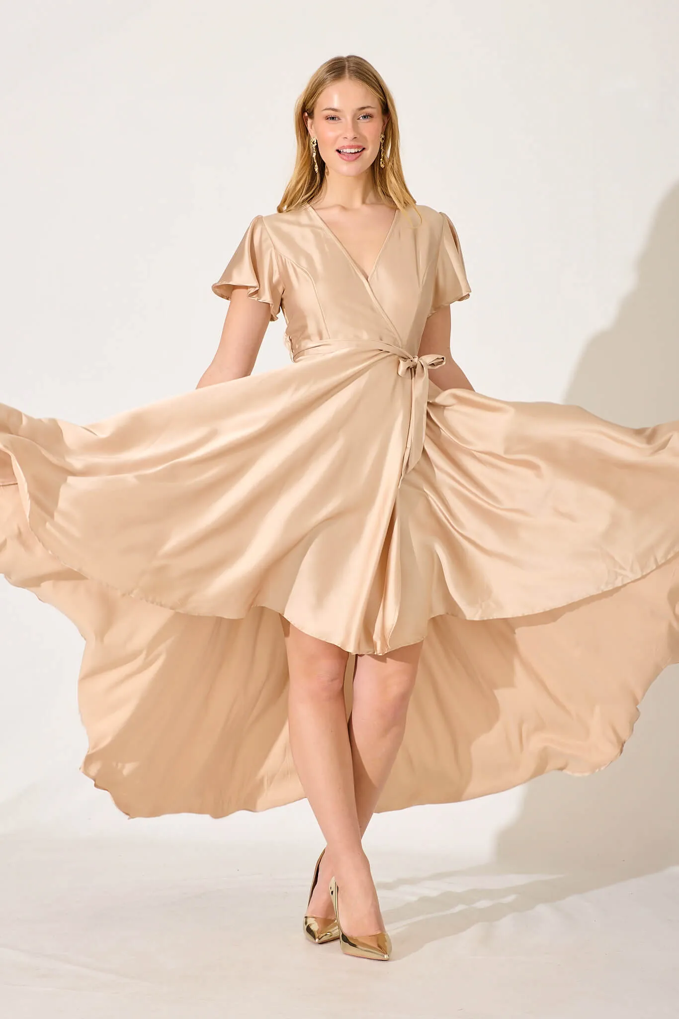 Loulou Maxi Dress In Champagne Satin sold by St Frock