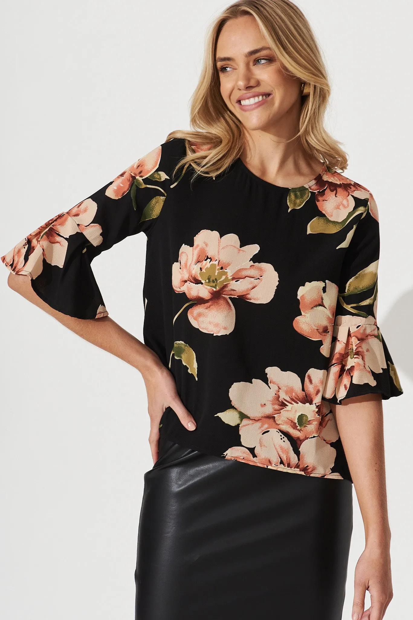 Tai Top In Black With Blush Floral Bubble Crepe sold by St Frock product image thumbnail 2