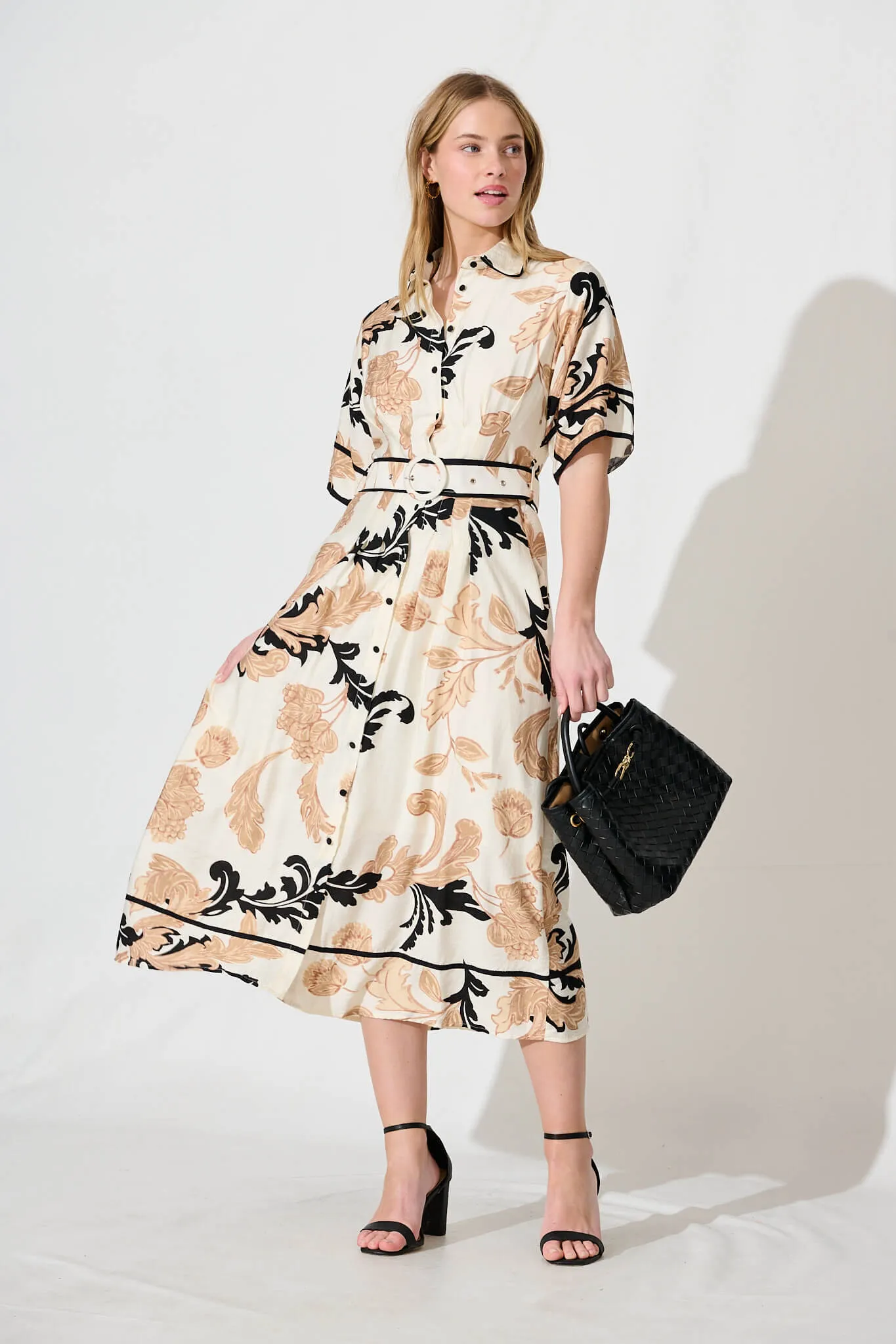 Rosella Midi Shirt Dress In White With Beige Print sold by St Frock product image thumbnail 5
