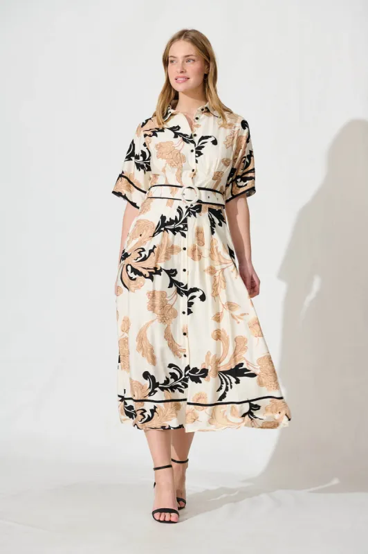 Rosella Midi Shirt Dress In White With Beige Print sold by St Frock