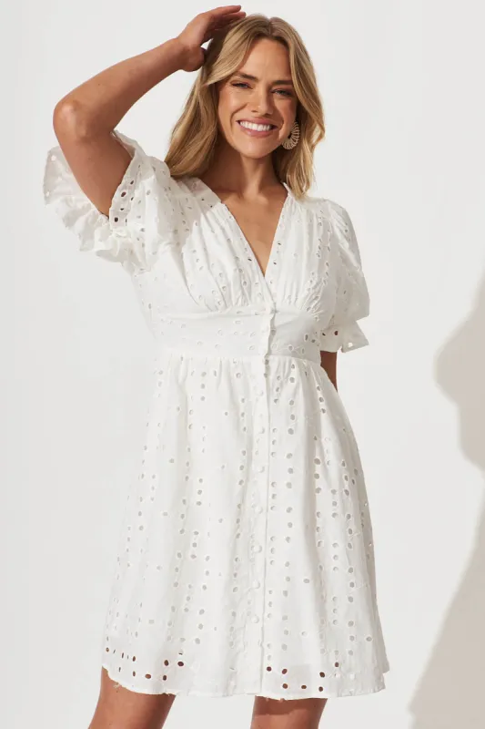 Tori Dress In White Cotton Broderie sold by St Frock