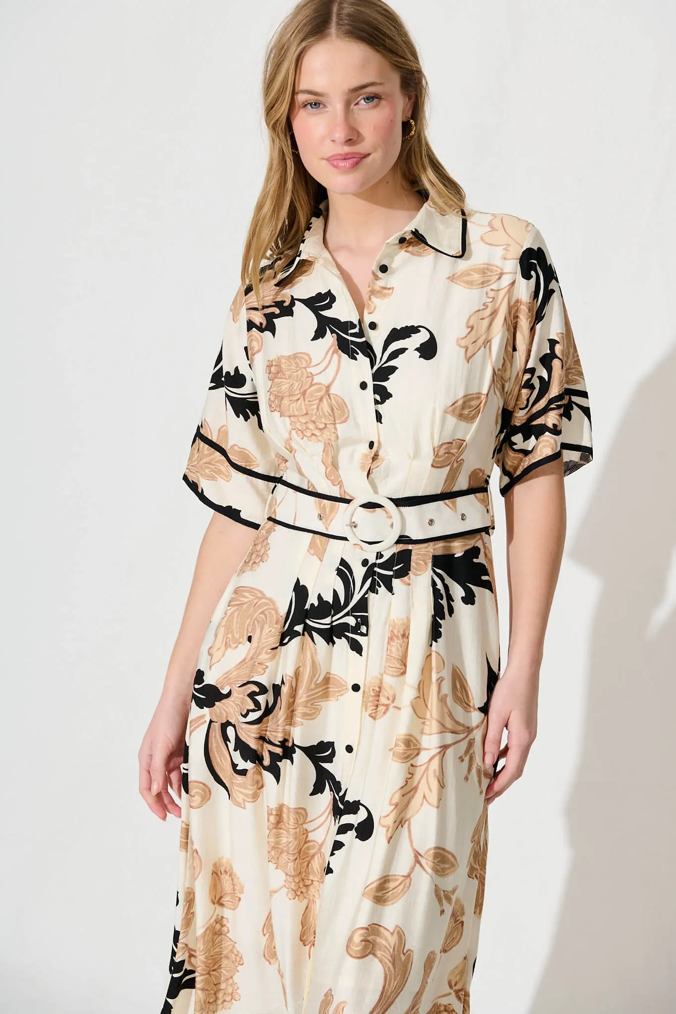 Rosella Midi Shirt Dress In White With Beige Print sold by St Frock product image thumbnail 2