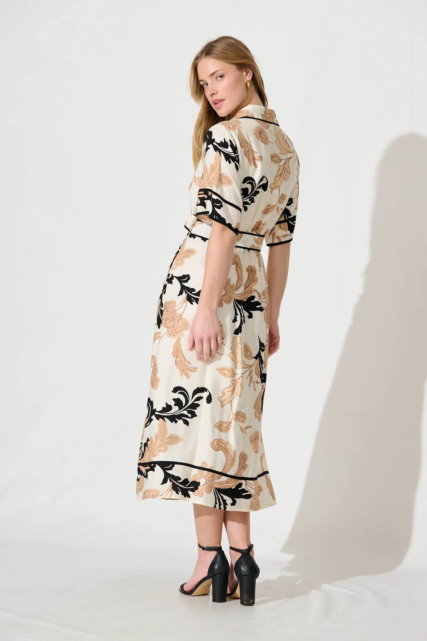 Rosella Midi Shirt Dress In White With Beige Print sold by St Frock product image thumbnail 4