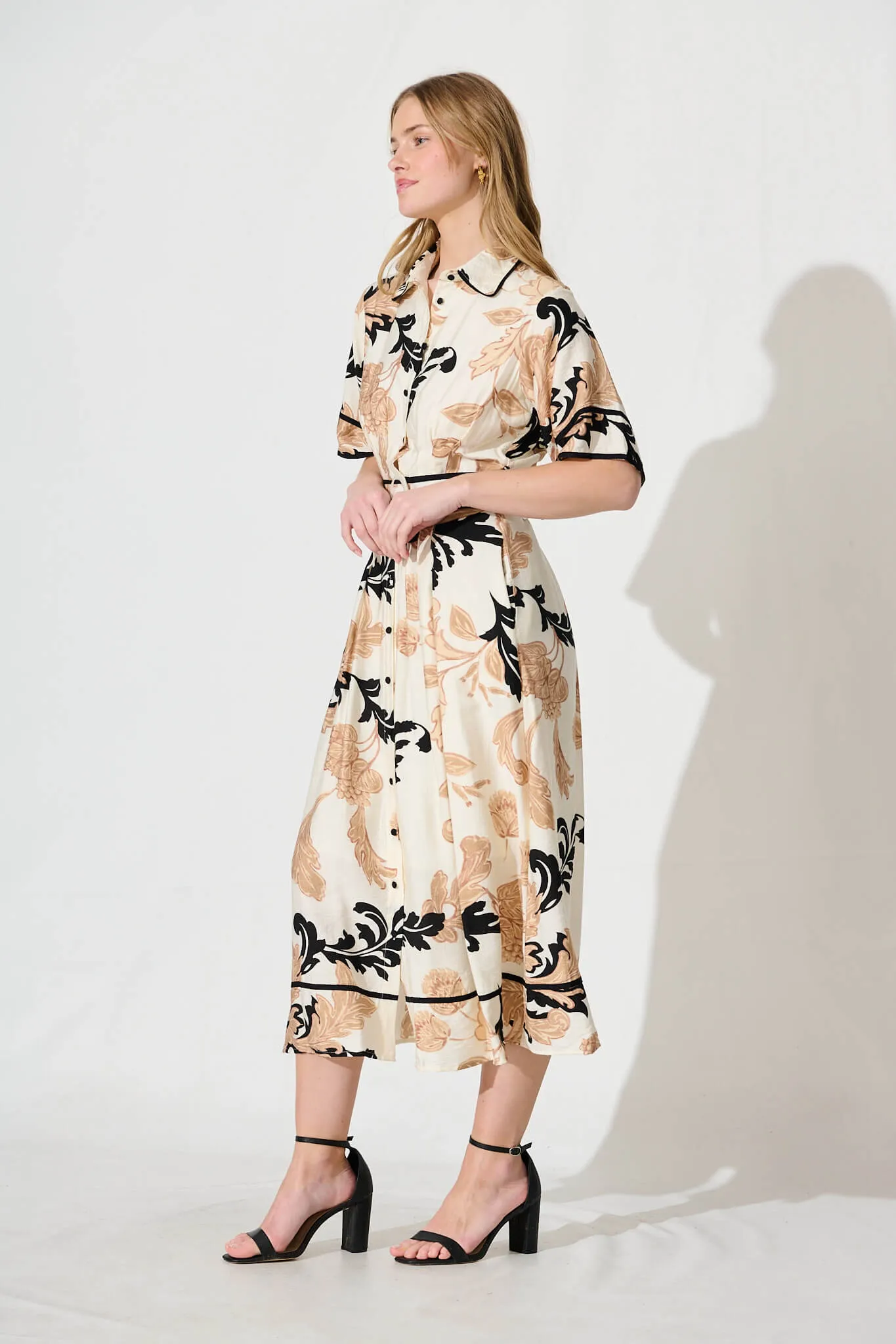 Rosella Midi Shirt Dress In White With Beige Print sold by St Frock product image thumbnail 3