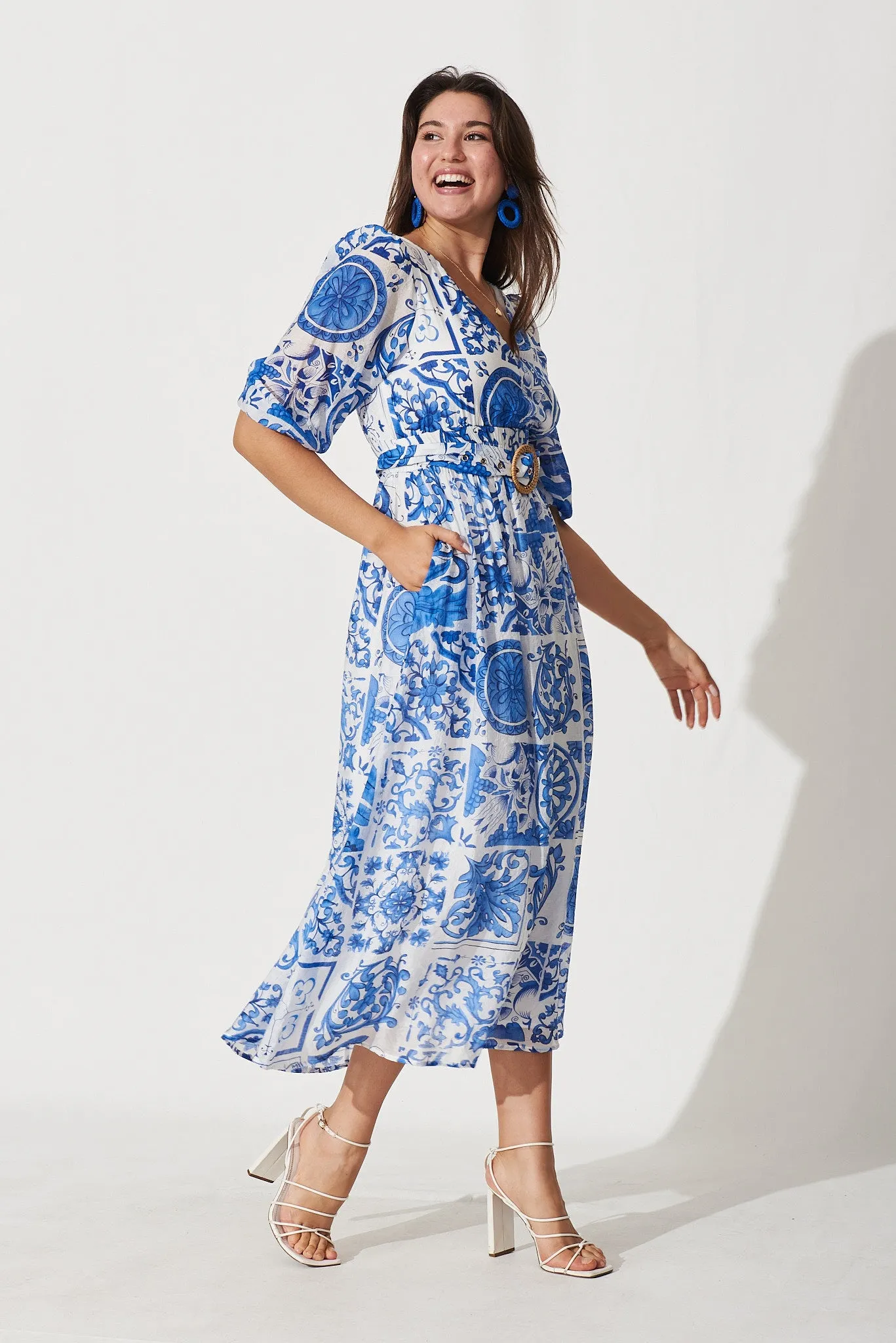 Adrina Maxi Dress In White With Blue Tile Print sold by St Frock product image thumbnail 3