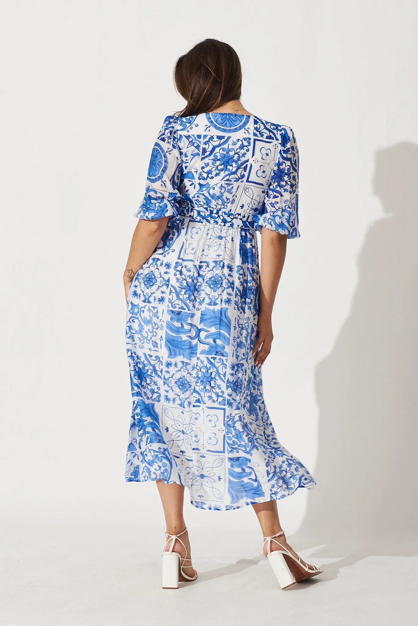 Adrina Maxi Dress In White With Blue Tile Print sold by St Frock product image thumbnail 4