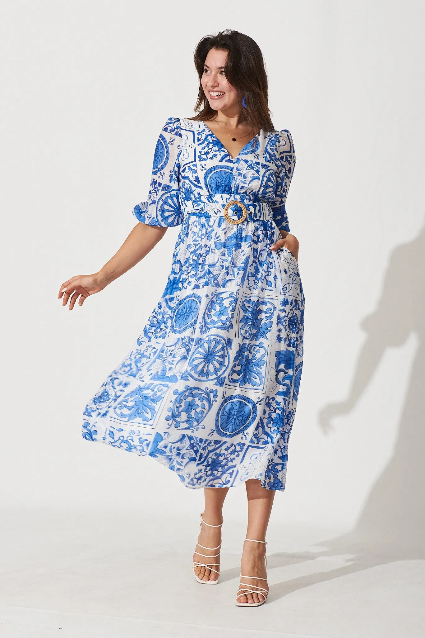 Adrina Maxi Dress In White With Blue Tile Print sold by St Frock