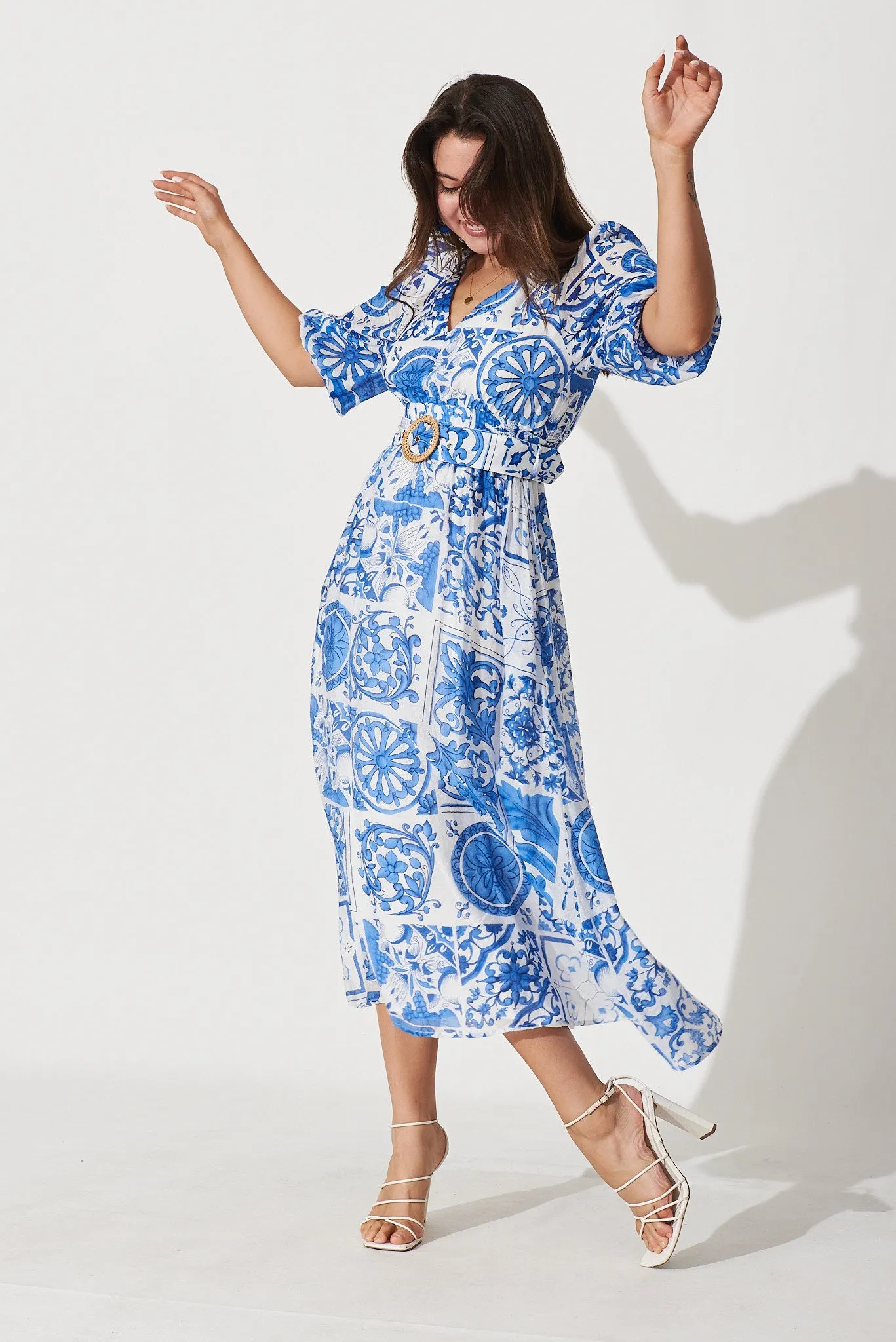 Adrina Maxi Dress In White With Blue Tile Print sold by St Frock product image thumbnail 5