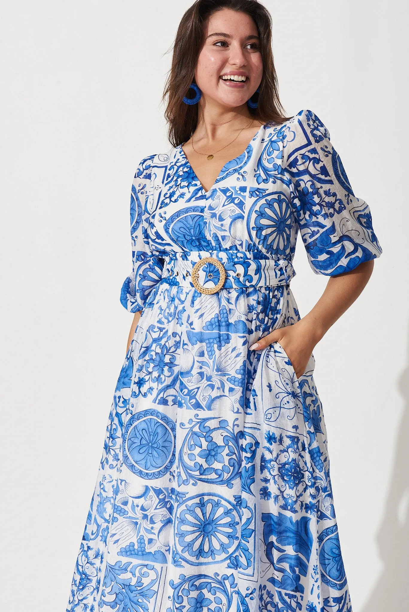 Adrina Maxi Dress In White With Blue Tile Print sold by St Frock product image thumbnail 2