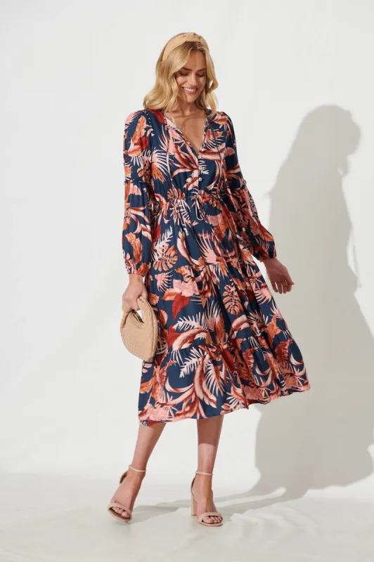 Ti Amo Midi Dress In Navy With Rust Floral Print sold by St Frock