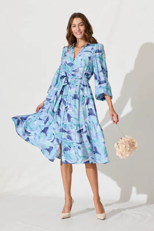 Anita Midi Shirt Dress In Blue With Green Cotton Blend sold by St Frock