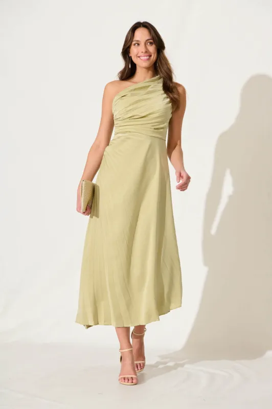 Toulon One Shoulder Maxi Dress In Sage Satin sold by St Frock