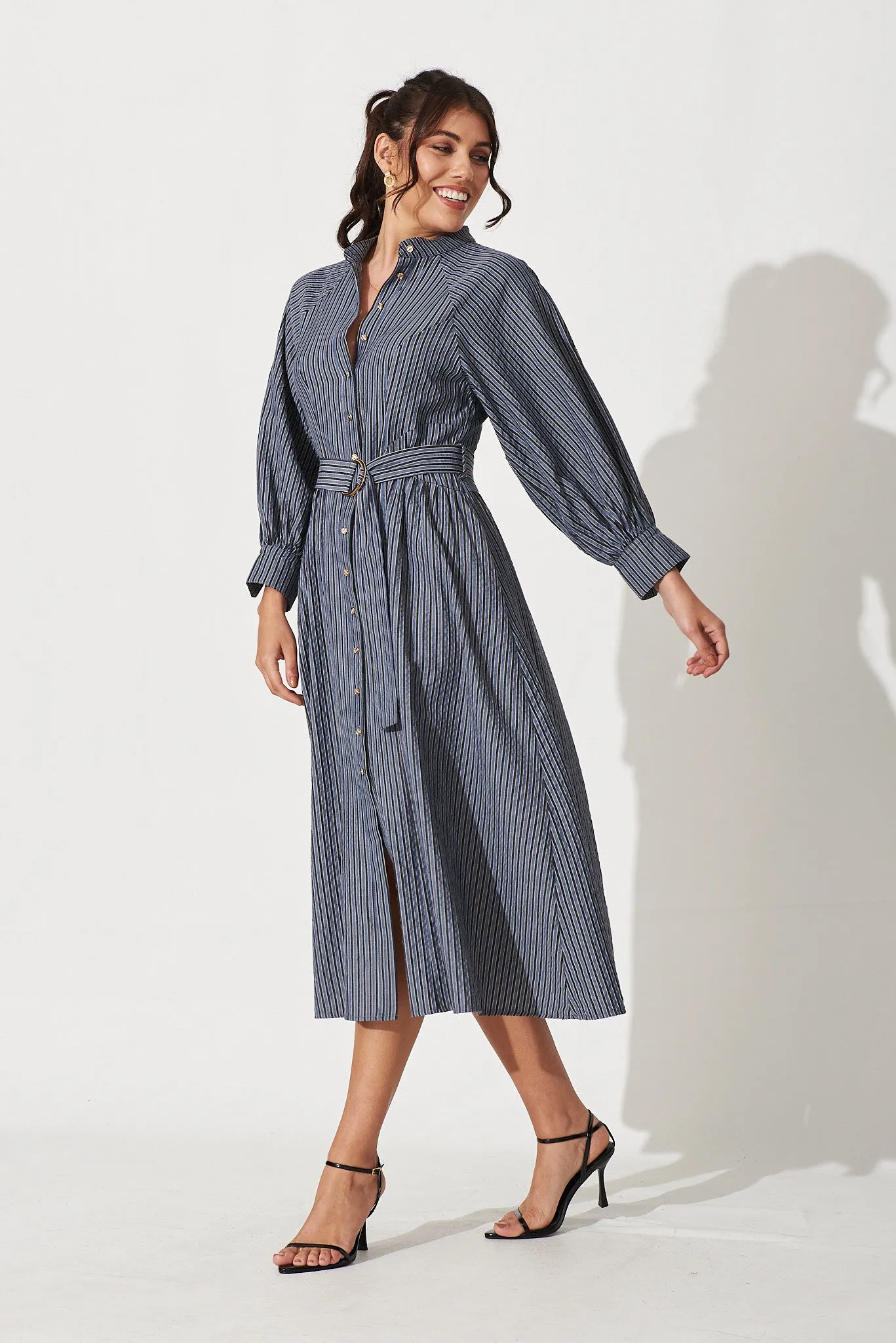 Tatiana Midi Shirt Dress In Navy Stripe Cotton Blend sold by St Frock product image thumbnail 3
