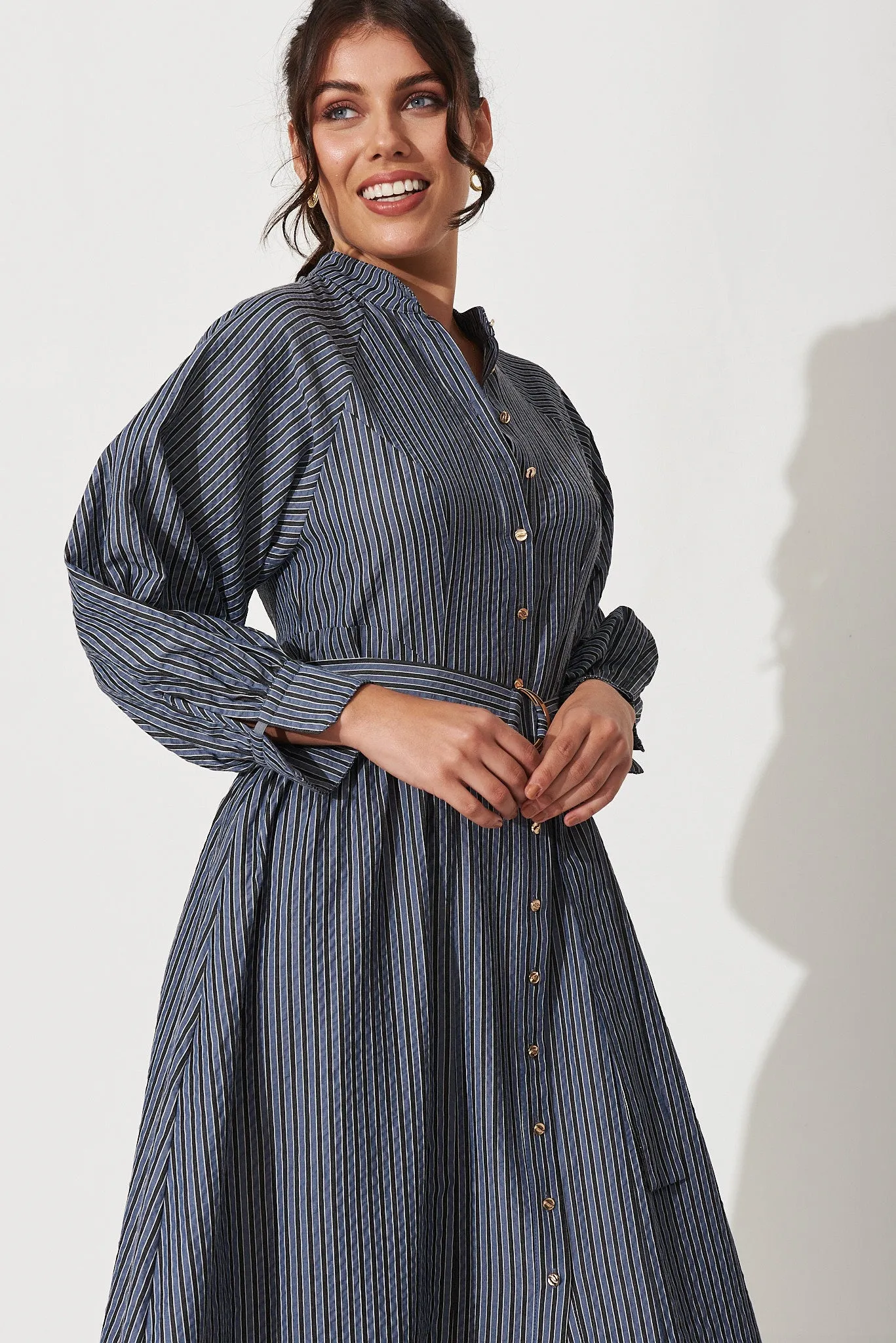 Tatiana Midi Shirt Dress In Navy Stripe Cotton Blend sold by St Frock product image thumbnail 2