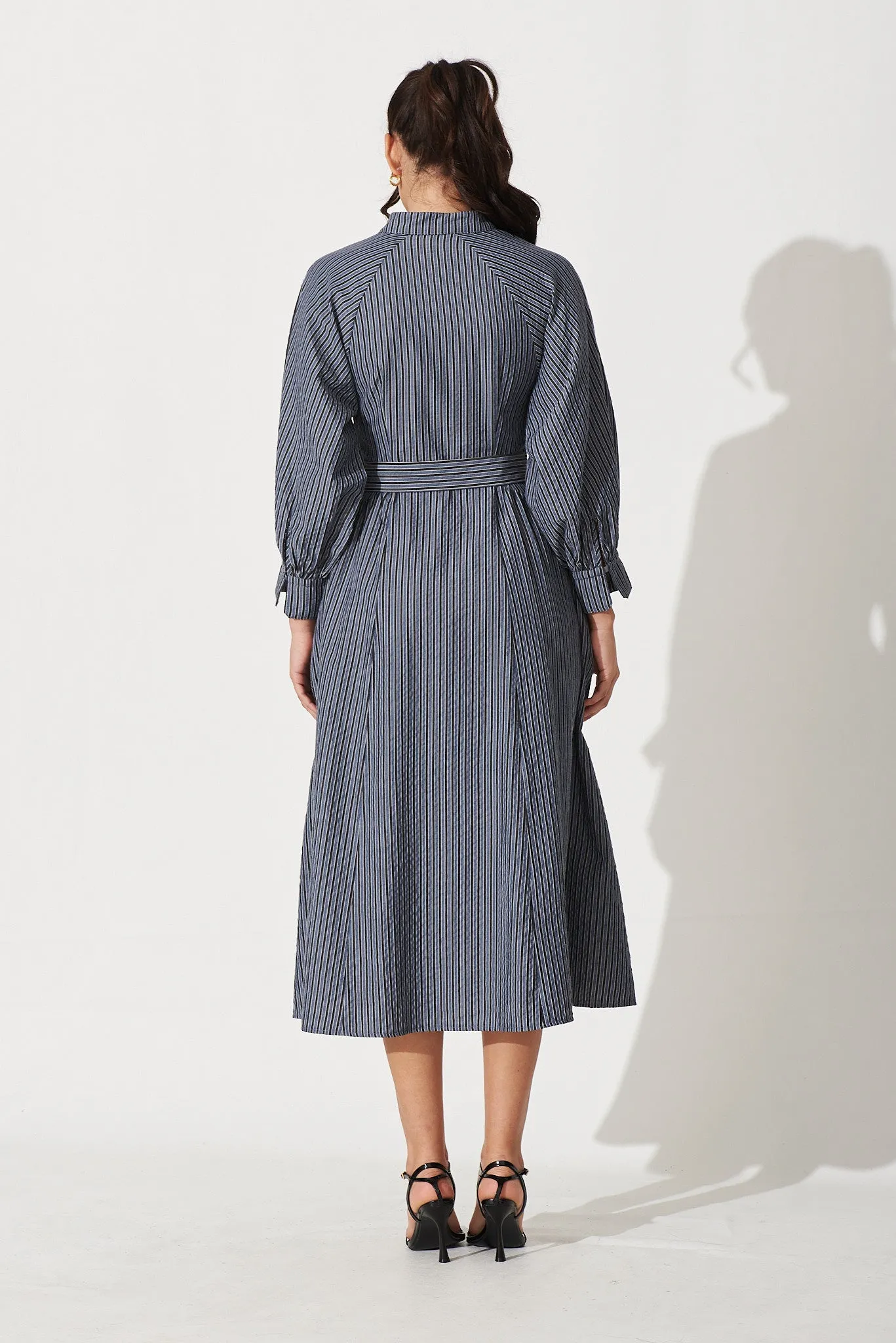 Tatiana Midi Shirt Dress In Navy Stripe Cotton Blend sold by St Frock product image thumbnail 4