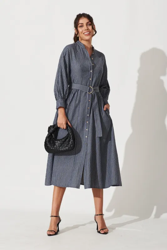 Tatiana Midi Shirt Dress In Navy Stripe Cotton Blend sold by St Frock