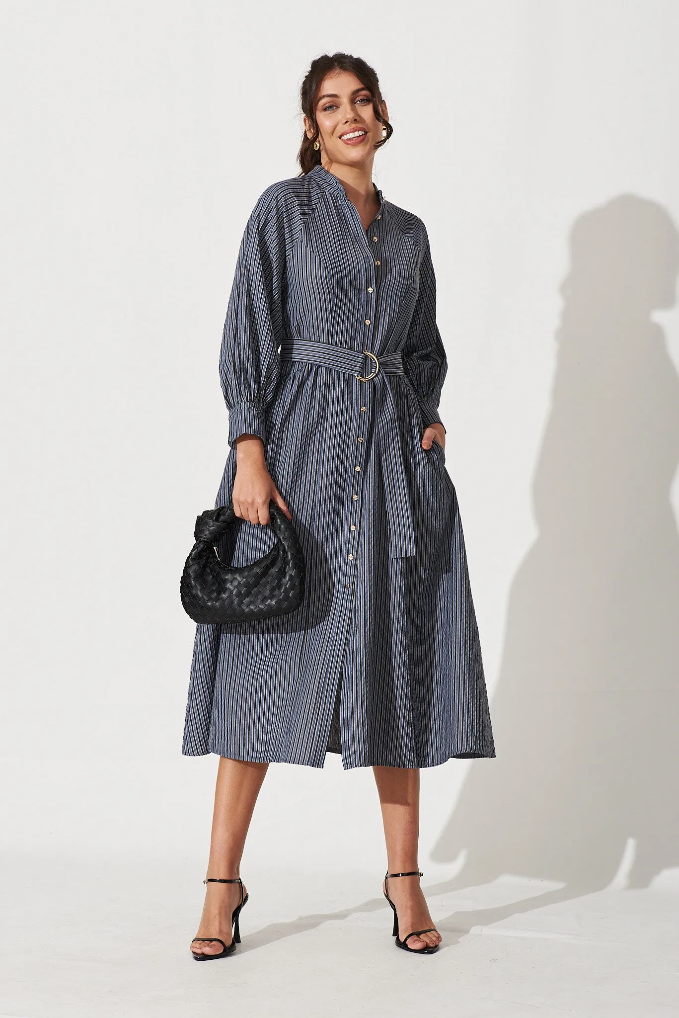 Tatiana Midi Shirt Dress In Navy Stripe Cotton Blend sold by St Frock
