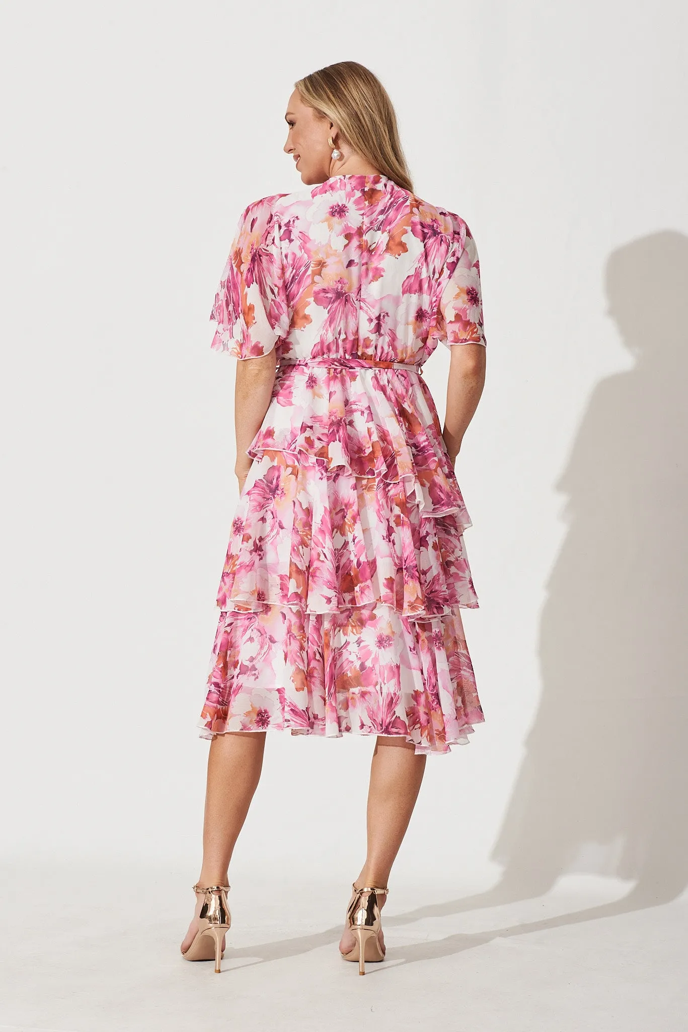 Mindy Midi Dress In White With Pink And Purple Floral Chiffon sold by St Frock product image thumbnail 4