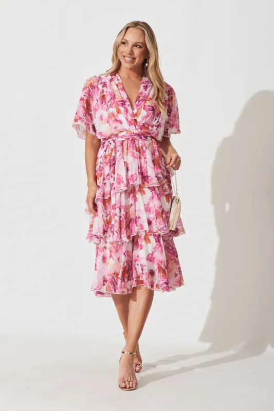Mindy Midi Dress In White With Pink And Purple Floral Chiffon sold by St Frock