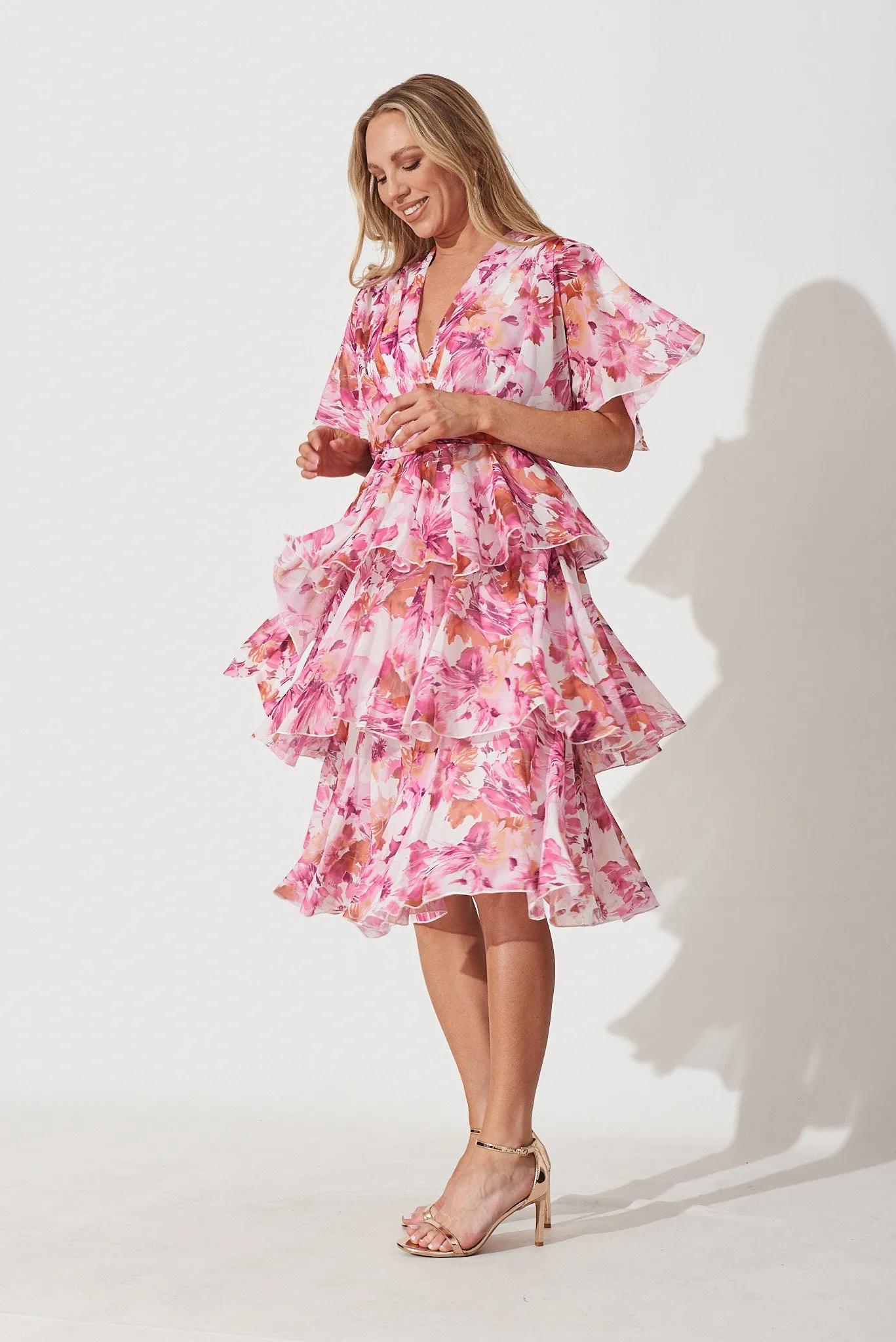 Mindy Midi Dress In White With Pink And Purple Floral Chiffon sold by St Frock product image thumbnail 3