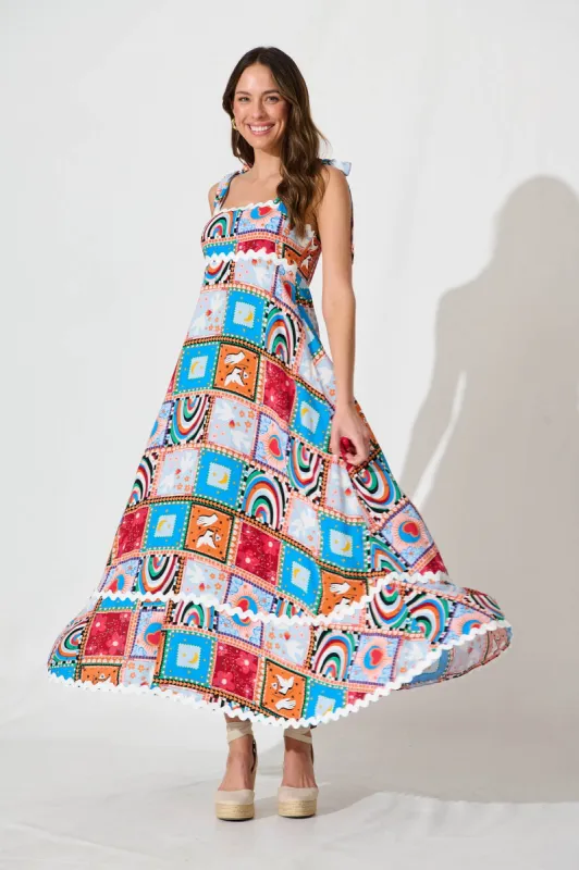 Somerset Maxi Sundress In Bright Multi With Ric Rac Trim sold by St Frock