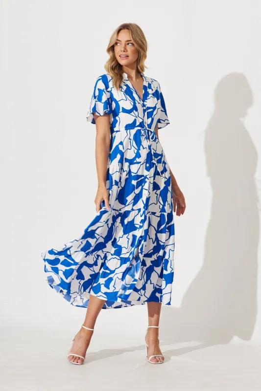 Beverly Maxi Shirt Dress In White With Cobalt Print sold by St Frock