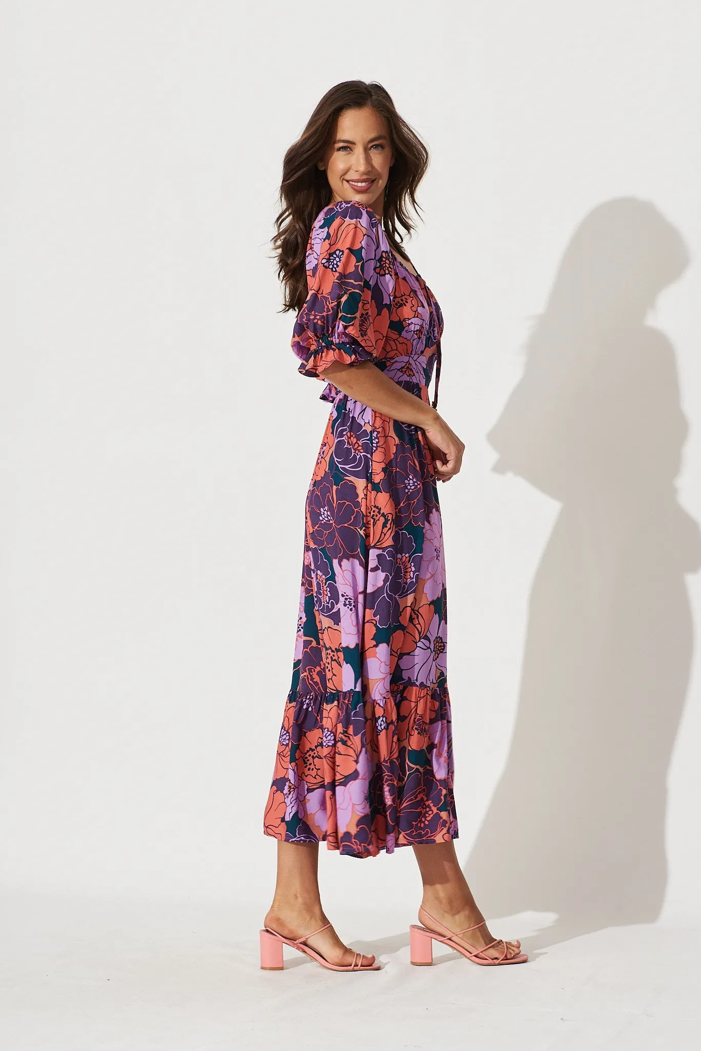 Poppy Midi Dress In Purple With Pink Floral sold by St Frock product image thumbnail 4