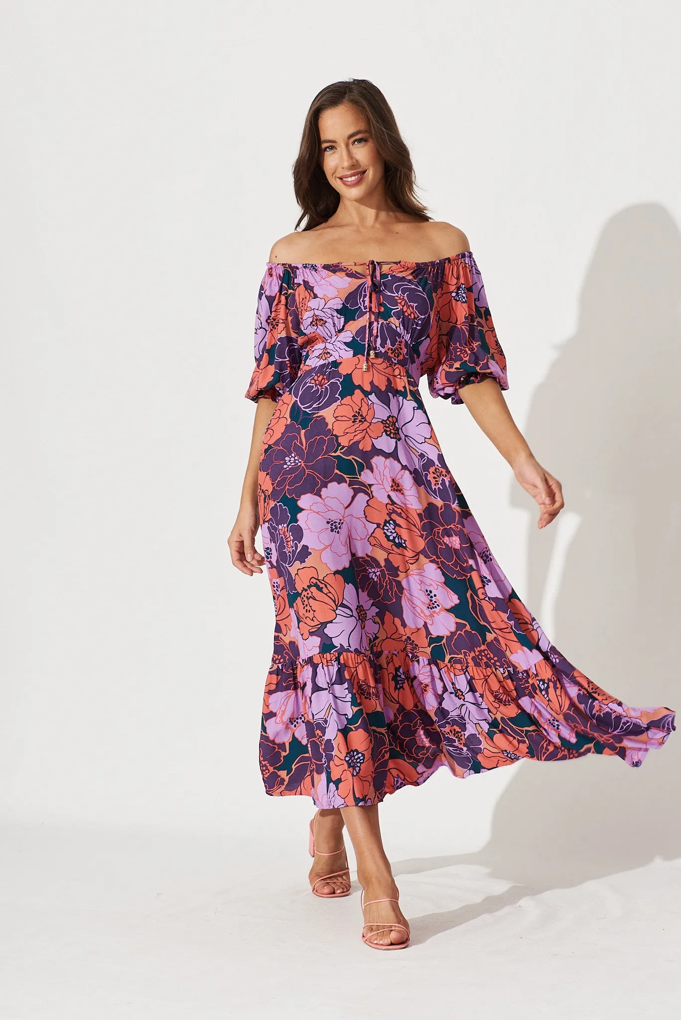 Poppy Midi Dress In Purple With Pink Floral sold by St Frock product image thumbnail 3