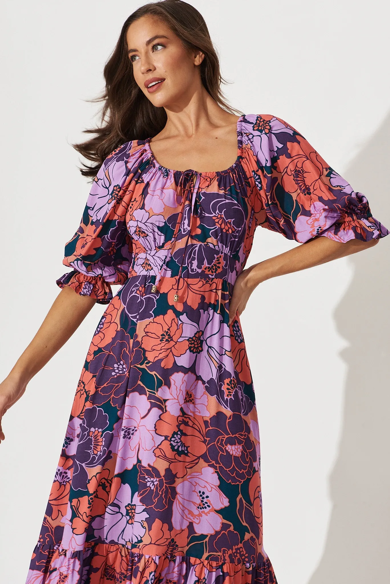 Poppy Midi Dress In Purple With Pink Floral sold by St Frock product image thumbnail 2