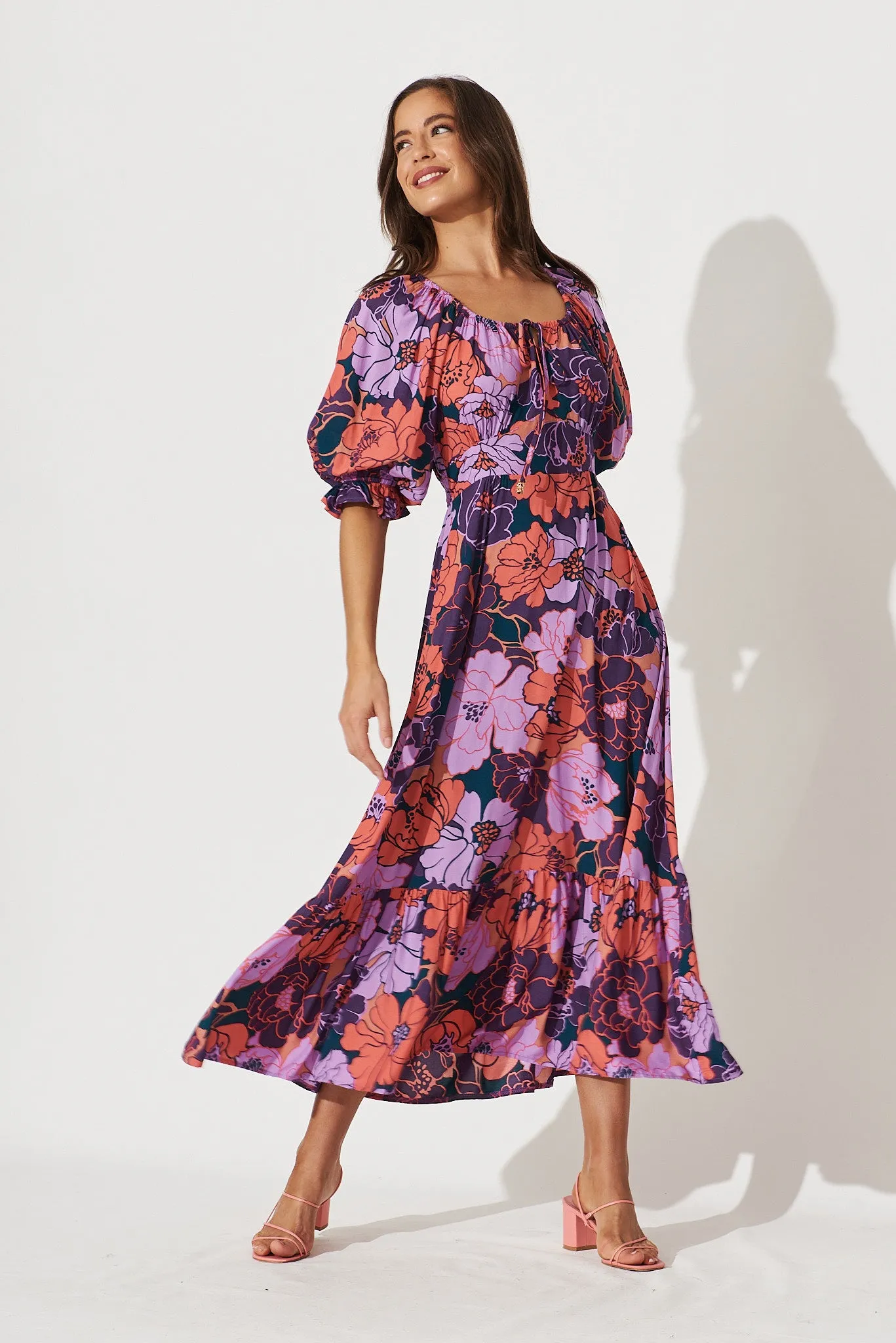 Poppy Midi Dress In Purple With Pink Floral sold by St Frock