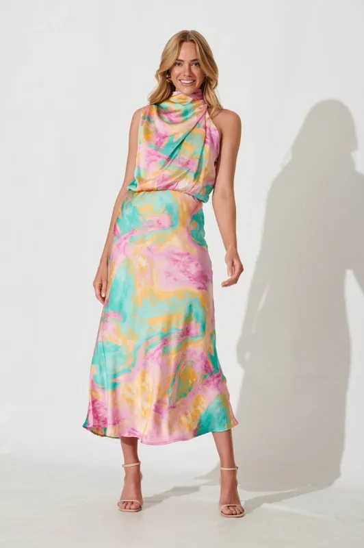 Visions Maxi Dress In Pink With Aqua Watercolour Satin sold by St Frock