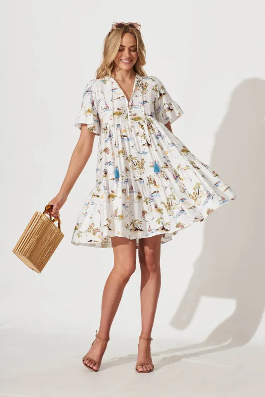 Tahnee Smock Dress In White Island Multi Print sold by St Frock