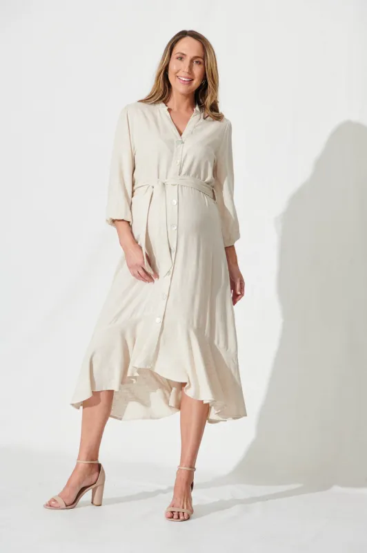 Heartland Midi Dress In Oatmeal Linen Blend sold by St Frock