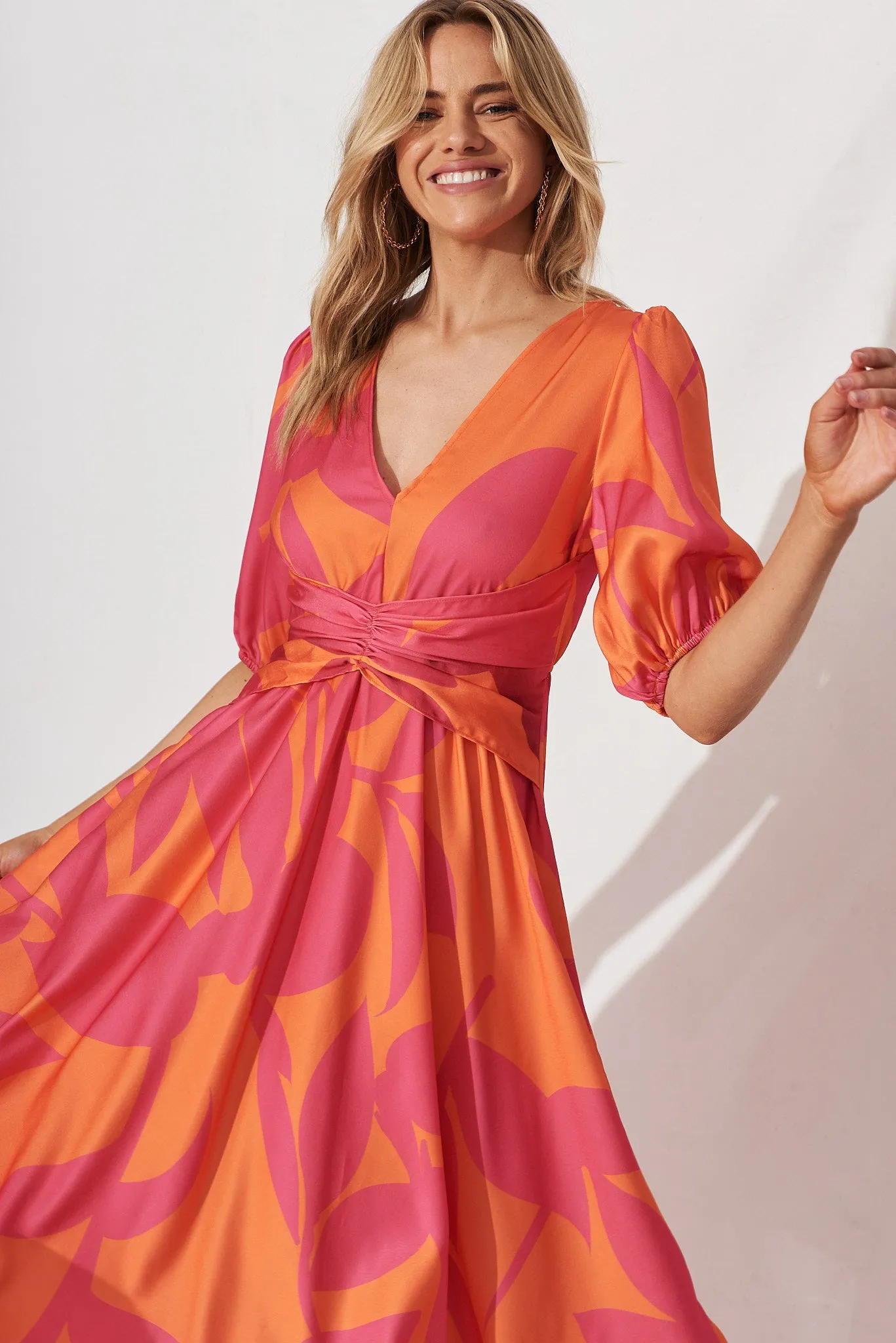 Bloomin Midi Dress In Pink With Orange Leaf sold by St Frock product image thumbnail 2