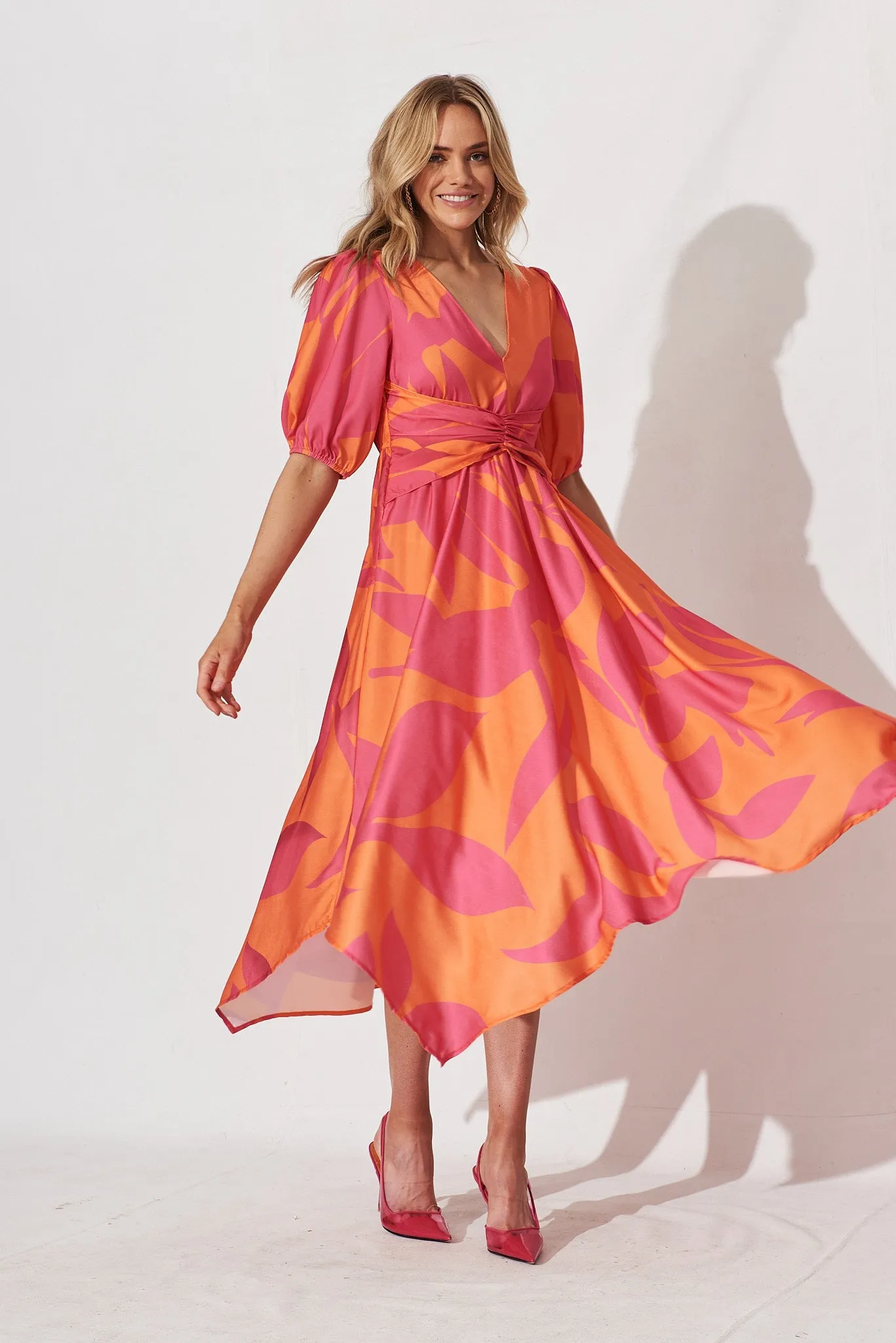 Bloomin Midi Dress In Pink With Orange Leaf sold by St Frock