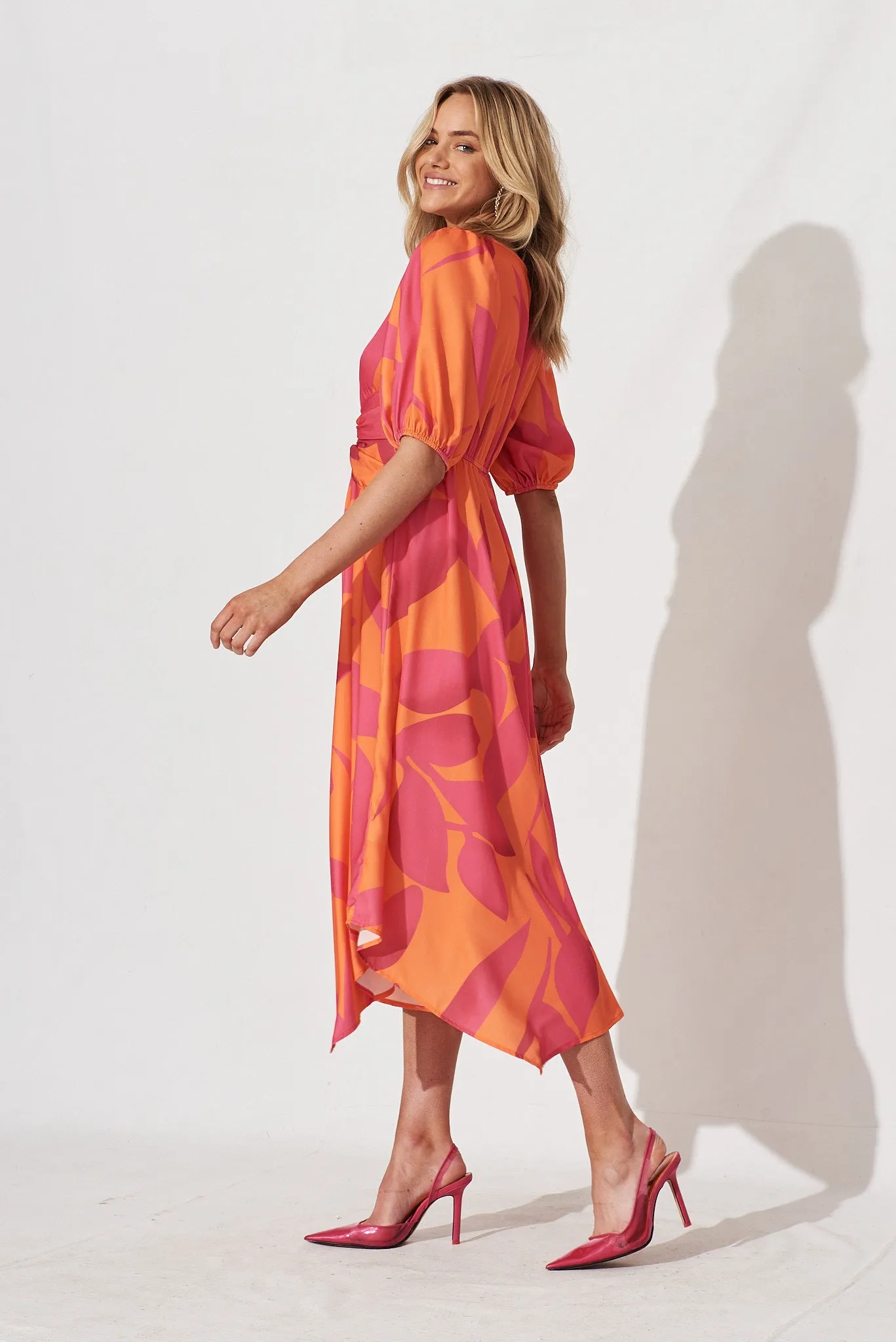 Bloomin Midi Dress In Pink With Orange Leaf sold by St Frock product image thumbnail 3