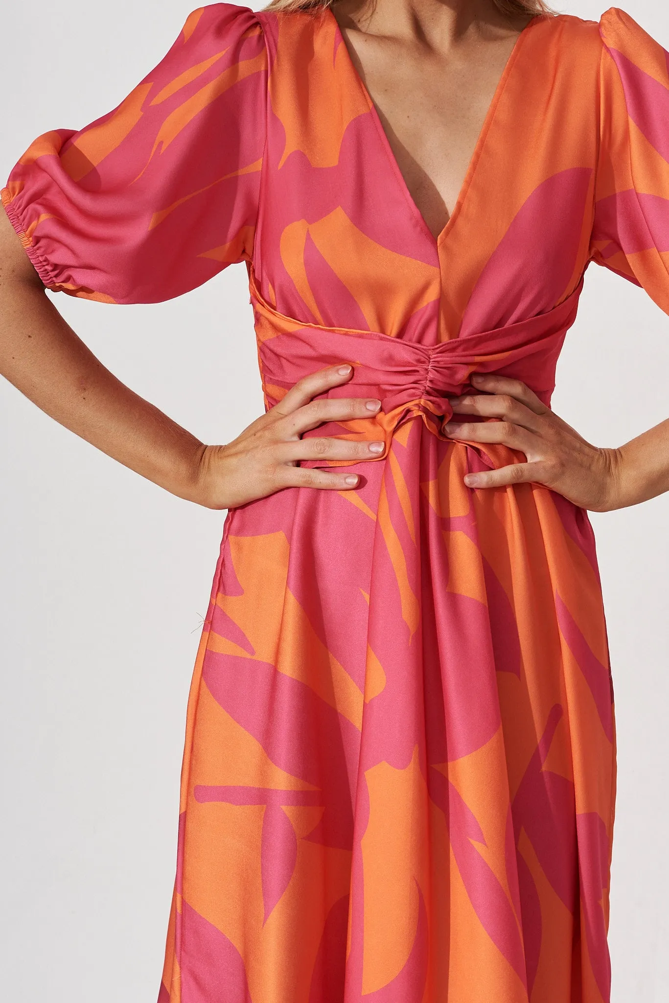 Bloomin Midi Dress In Pink With Orange Leaf sold by St Frock product image thumbnail 5