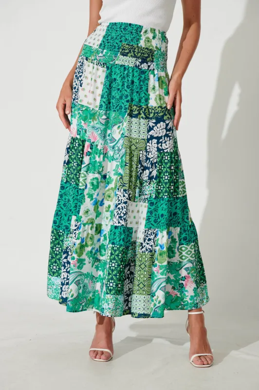 Macarena Maxi Skirt In Multi Green Patchwork sold by St Frock