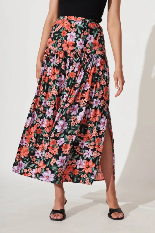 Cassandra Maxi Skirt In Black With Multi Floral Print sold by St Frock