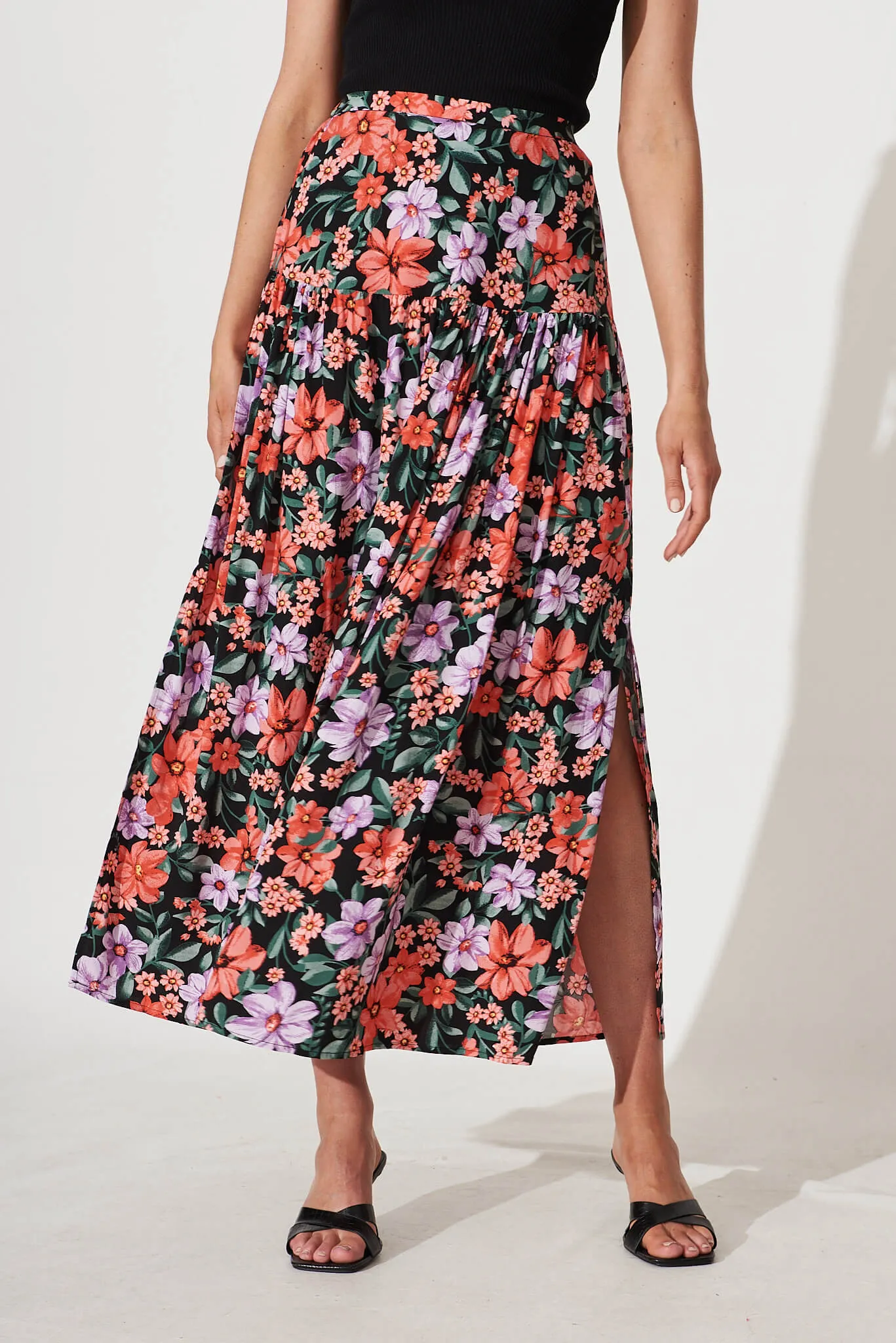 Cassandra Maxi Skirt In Black With Multi Floral Print sold by St Frock