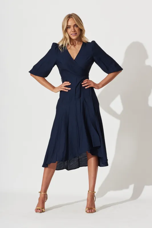 Acacia Wrap Midi Dress In Navy sold by St Frock
