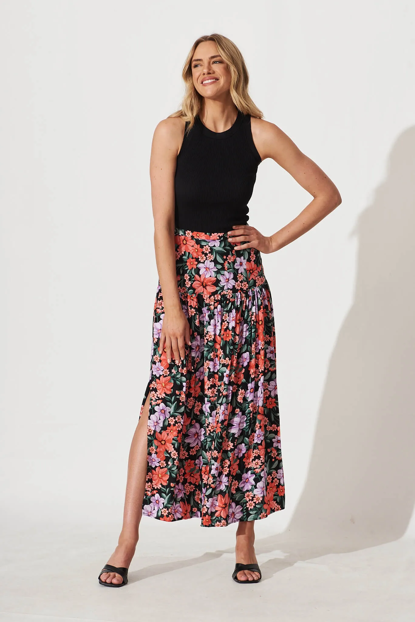 Cassandra Maxi Skirt In Black With Multi Floral Print sold by St Frock product image thumbnail 4