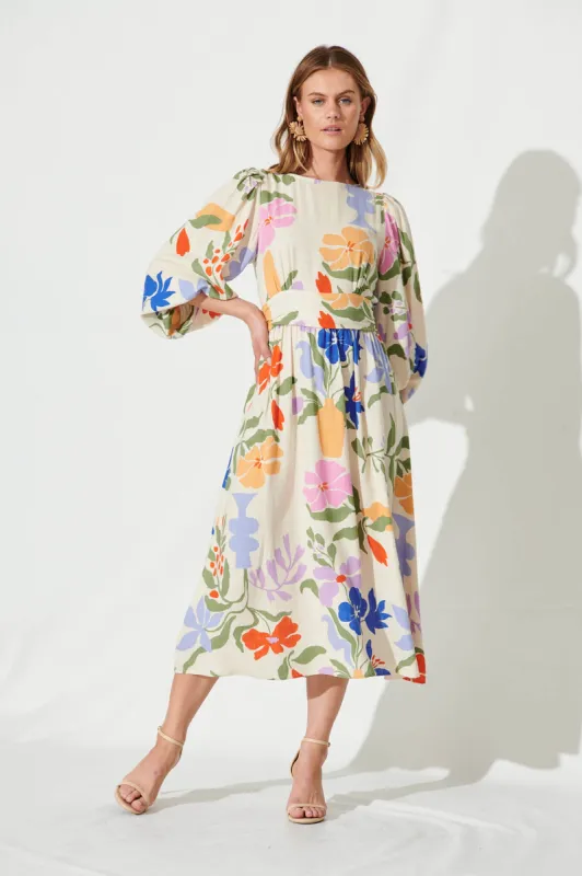 Zoe Midi Dress In Beige With Multi Floral Linen Blend sold by St Frock