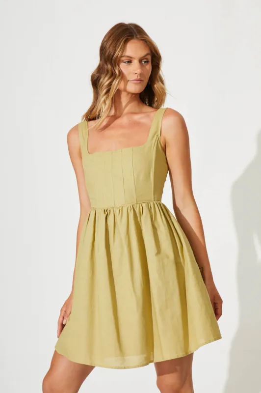 Resort Dress In Olive Linen Cotton sold by St Frock