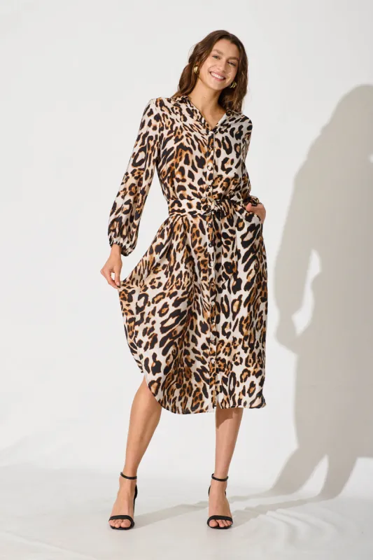 Naya Midi Shirt Dress In White With Brown Leopard Print sold by St Frock