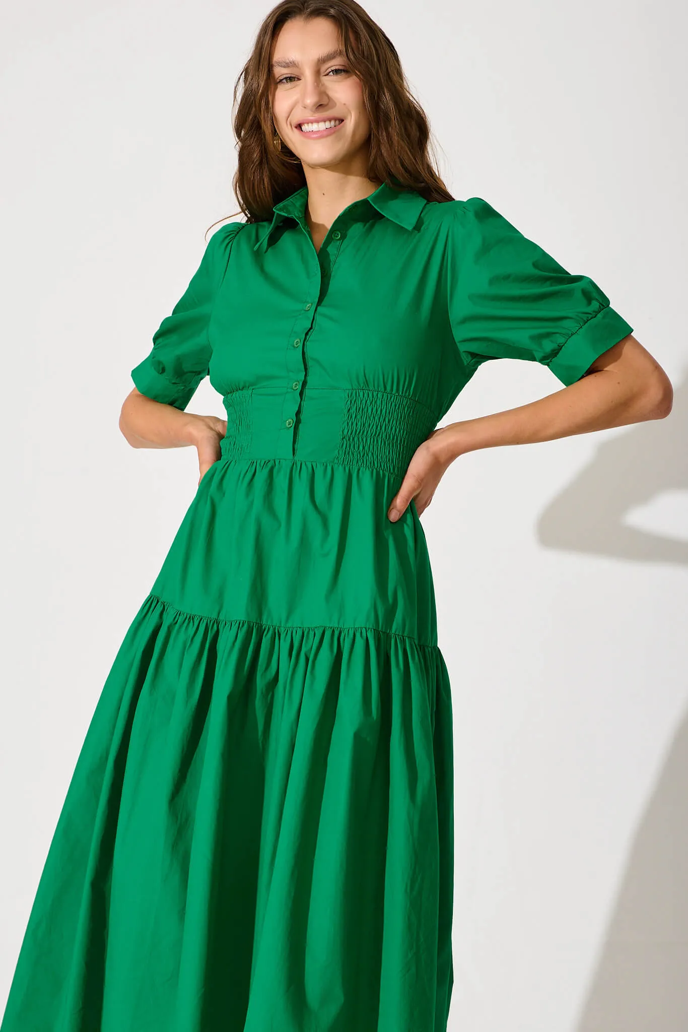 Fairfax Midi Shirt Dress In Green Cotton sold by St Frock product image thumbnail 2