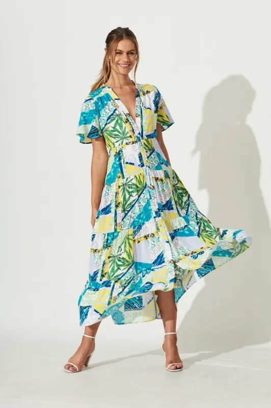 Beverly Maxi Shirt Dress In Blue Multi Patchwork Leaf Print sold by St Frock