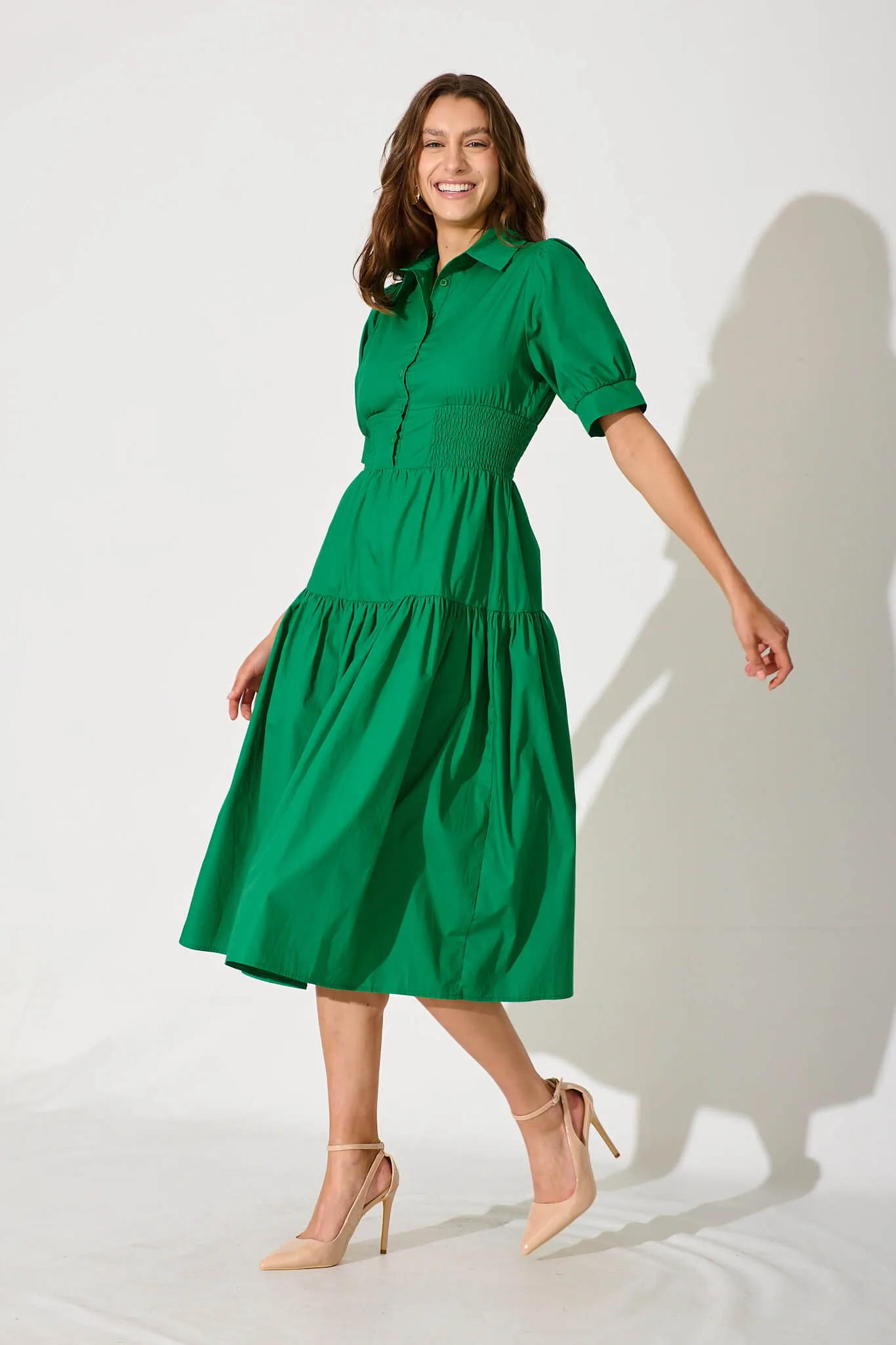 Fairfax Midi Shirt Dress In Green Cotton sold by St Frock product image thumbnail 3