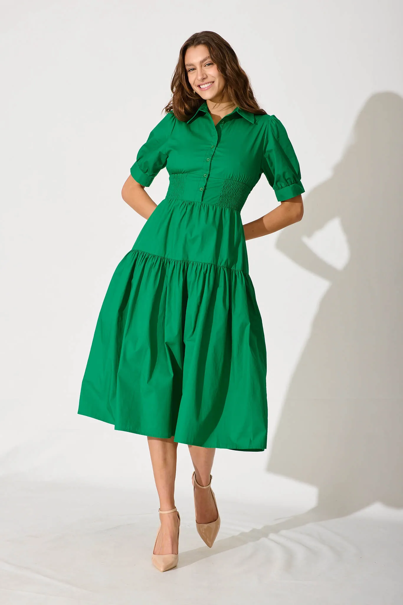 Fairfax Midi Shirt Dress In Green Cotton sold by St Frock
